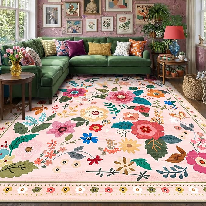 RELEANY Floral Washable 9x12 Area Rugs Pink | Flower Carpet, Print, Boho, Non-Slip, Easy to Clean, Soft, Low Pile for Living Room Bedroom Kitchen Office Entryway Hallway