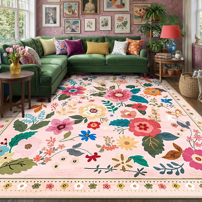 RELEANY Floral Washable 8x10 Area Rugs Pink | Flower Carpet, Print, Boho, Non-Slip, Easy to Clean, Soft, Low Pile for Living Room Bedroom Kitchen Office Entryway Hallway