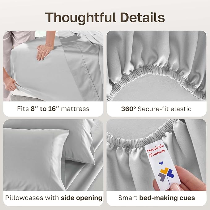 California Design Den 100% Cotton Sateen Full Size Bed Sheets Set | Soft 500 Thread Count Backed by Good Housekeeping Seal, 16" Deep Pocket, All-Around Elastic, Durable, Easy Care - Light Grey