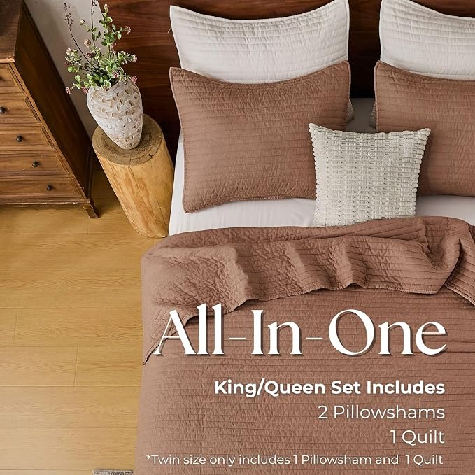 DOWN HOME King Quilt Bedding Set with Shams, Vintage Washed Quilted Blanket Thin Comforter Lightweight Bedspread Coverlet Bed Cover, Brushed Microfiber Stripe Stitching, Washed Terra, 104"x90"