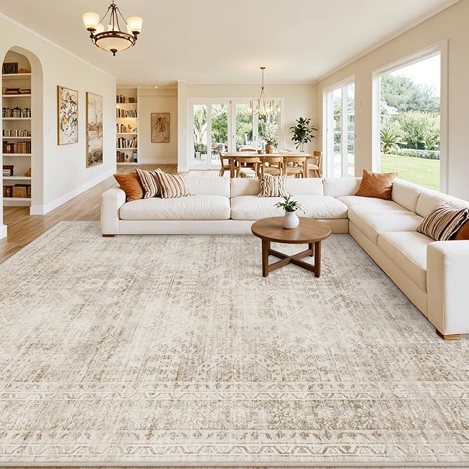 10x14 Area Rugs Living Room: Bedroom Neutral Washable Carpet Brown | Vintage Boho Soft Small Indoor Decor Floor Non-Slip Low Pile Neutral Farmhouse Entryway Laundry Bathroom Bedroom Beside Rugs