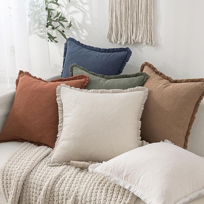 MIULEE Linen Fringe Decorative Fall Lumbar Throw Pillow Covers Brown 12x20 | Set of 2, Cottagecore Decor, Boho Farmhouse Neutral Pillow Covers, Rustic Fall Couch Cushion Cases for Sofa Bed Living Room
