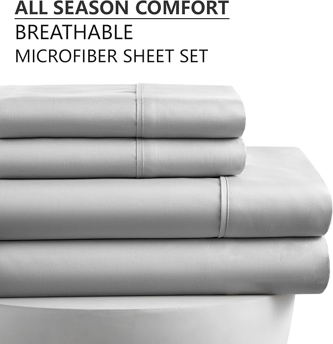 American Home Collection Queen Sheet Set - Ultra-Soft Microfiber 15-Inch Deep Pocket - Wrinkle Free and Fade Resistant (Light Grey)
