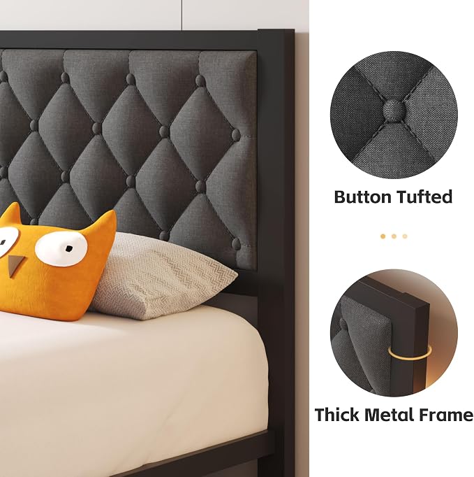 Fluest Twin Bed Frame with Headboard Linen Upholstered Bed Frame Platform,All Metal Slats Support Platform Bed Frame with Storage Space,Easy Assembly,Noise Free,No Box Spring Needed,Grey