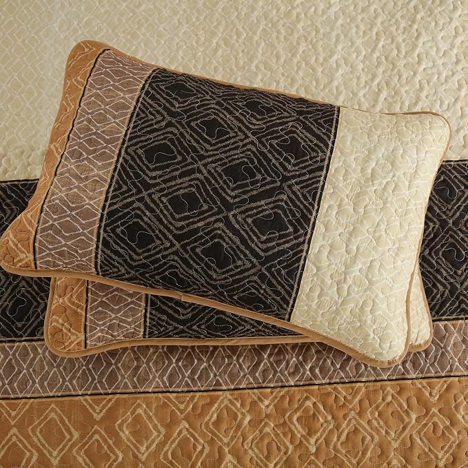 Cottolester Brown Quilt Set Full Size 3 Pieces,Boho Striped Bedspread Set | Farmhouse Plaid Bedding Set,Ligheweight Coverlets Set for Men Women,Soft Microfiber Quilt Bedding Set 78"x90"