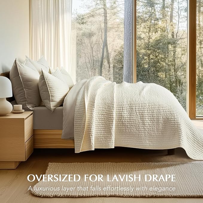 EVERGRACEHOME Cotton Sateen Quilt Set, King Size, Cream | 100% Cotton, Channel Stitch Coverlet Bedspread, Pre-Washed Lightweight Soft Bedding Set for All Season, 3 Piece, with 2 Shams