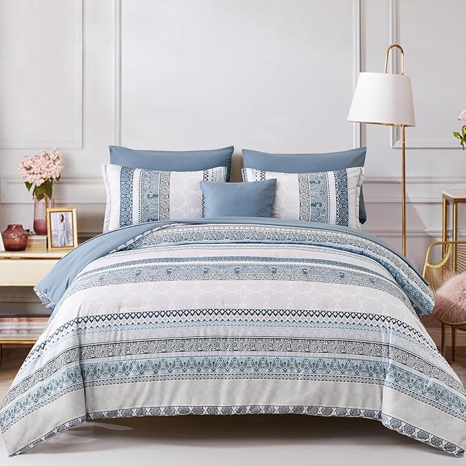 Cottolester Boho Comforter Set Queen Size Light Blue Comforter Set 8 Piece Bed in a Bag Paisley Floral Bedding Sets All Season