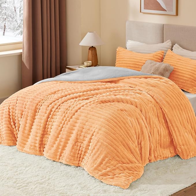 BEDELITE Fleece Queen Comforter Set, Fluffy Bed Set, Coral | Super Soft & Warm Bedding, Luxury Fuzzy Faux Fur Comforter for Winter, Heavy Plush Bedding, with 2 Pillowcases