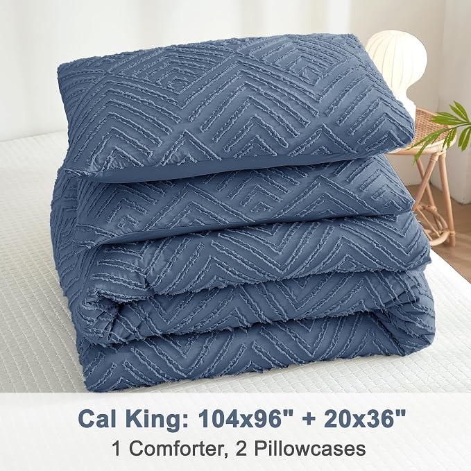 Litanika California King Comforter Set, 3 Pcs Tufted Boho Bedding Set | Ocean Blue Farmhouse Shabby Chic Vintage Bohemian Textured Aesthetic Soft Fluffy Lightweight Breathable All Season Bed Set