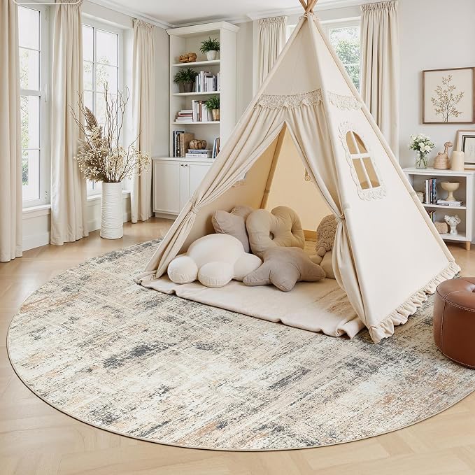 6ft Area Rug for Living Room, Abstract Washable Non-Slip Large Rugs, Gold | Soft Neutral Carpet for Bedroom, Dining Room, Home Office Nursery Indoor, Stain Resistant, Low Pile, Foldable Modern Rug