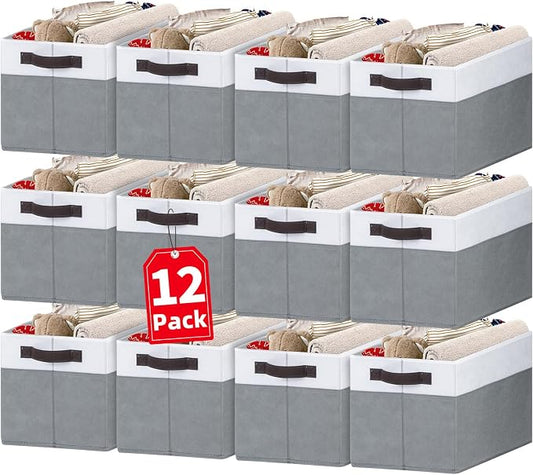 12 Pack Large Storage Baskets for Shelves | Fabric Closet Organizers and Storage Bins with Handles for Home Organization | Decorative Collapsible Basket for Organizing Clothes Toy Nursery