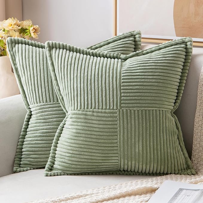 MIULEE Decorative Throw Pillow Covers for Couch 20x20 Inch Sage Green | 2 Pack, Boho Broadside Striped Patchwork Pillow Covers, Soft Corduroy Cushion Cases, For Sofa Bed Livingroom Home Decor
