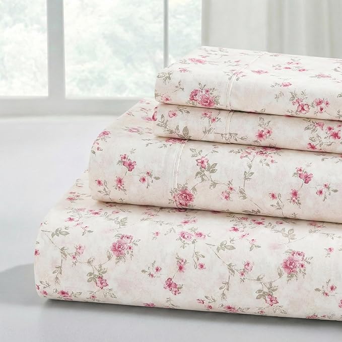 Modern Threads 4-Piece Ultra Soft Microfiber Bed Sheets Set, Wrinkle Free Sheets with Deep Pockets Fitted Sheet, Flat Sheet & Pillowcases, Lightweight Breathable Bedding, Floral Rose, Full