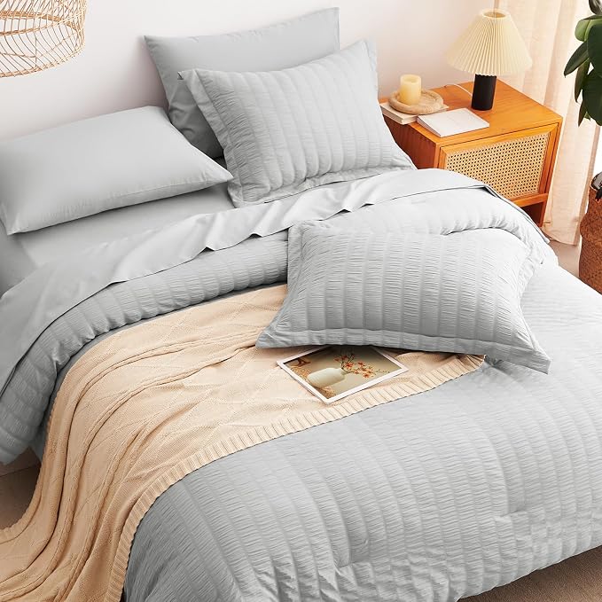 Oversized Queen Seersucker Comforter Set, Light Grey, 98 x 98 in | OEKO-TEX Certified, 7 Pieces Bed in a Bag with 240 GSM Down Alternative Comforter, Flat & Fitted Sheets, Pillowcases & Shams