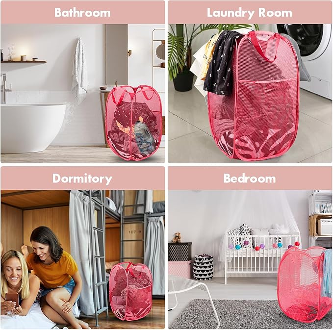 Pop Up Laundry Hamper, 70 L Collapsible Mesh Basket with Side Pocket, Red | Reinforced handles, breathable fabric, foldable, portable for dorm college travel camping cruise, dirty clothes, toys storage