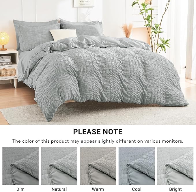 HYMOKEGE Light Grey Oversized Queen Comforter Set Seersucker 7 Pieces, All Season Luxury Bed in a Bag for Bedroom, Bedding Set with Comforter, Sheets, Pillowcases & Shams