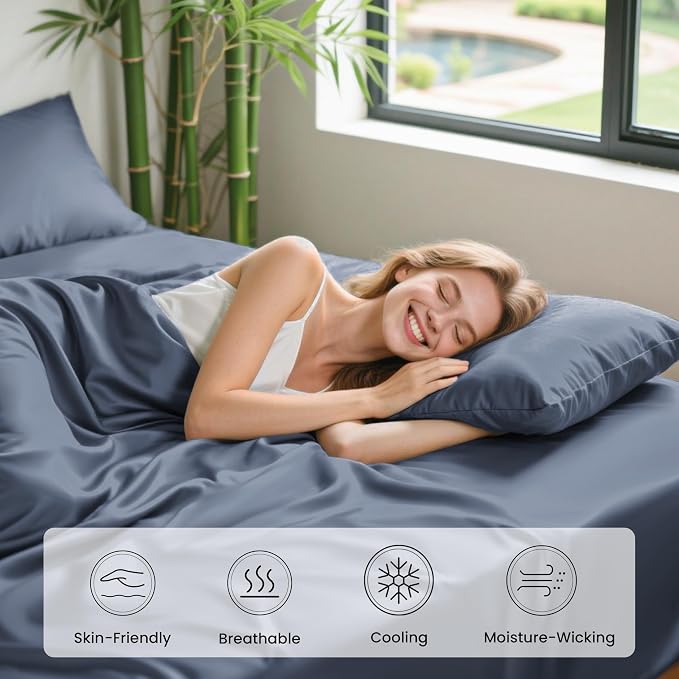 Love's cabin 4 Piece King Size Sheet Set, 100% Rayon Derived from Bamboo, Cooling & Breathable, Soft Silky Deep Pocket up to 16", Hotel Luxury Bedding for Hot Sleepers, Bluish Grey