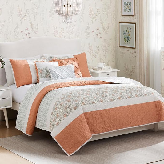 Madison Park Shabby Chic Cotton Quilt Set, 6PC Full/Queen Coverlet | Double-Sided Stitching Floral Design, All Season, with Shams, Bed Skirt, Decorative Pillows, Lightweight, Coral