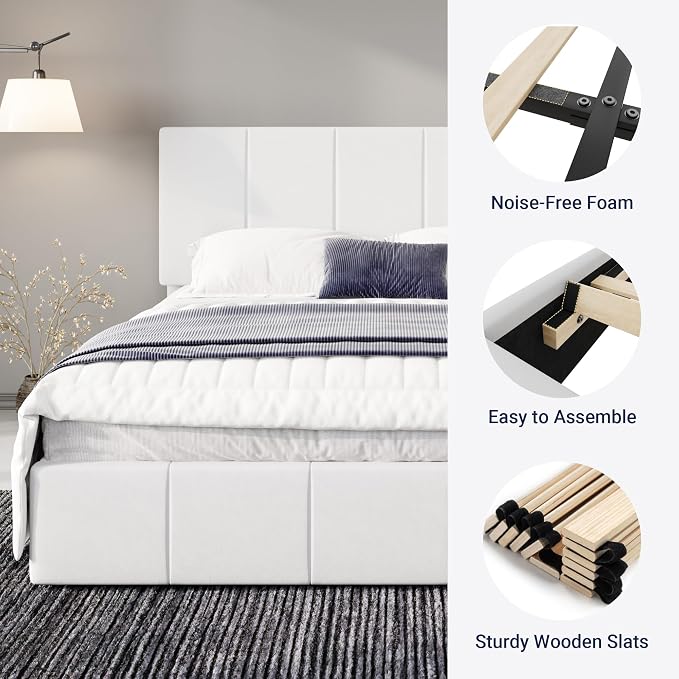 Allewie Queen Size Dutch Velvet Upholstered Platform Bed Frame/Vertical Channel Tufted Adjustable Headboard/Low Profile Bed Frame/No Box Spring Needed/Easy Assembly/White