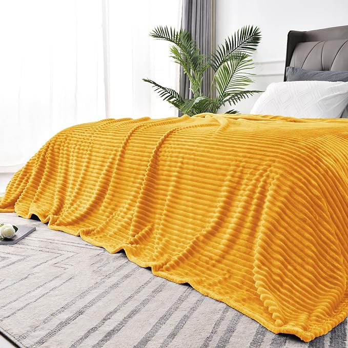 BEDELITE Ribbed Jacquard Mustard Yellow Queen Blanket for Bed, 90x90 Inch | Soft Warm Decorative Fluffy Blanket, Cozy Fuzzy Lightweight Plush Fleece Throw Blankets for Bed, Room Decor, Gift for Women