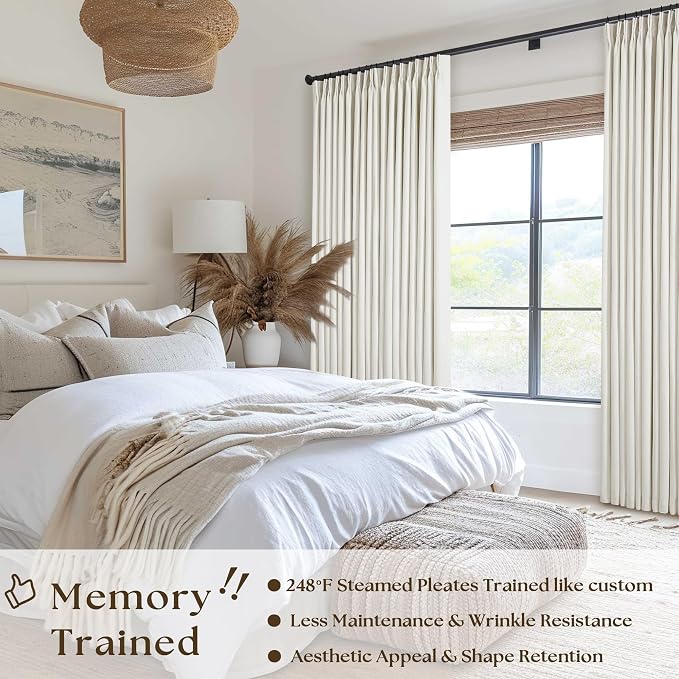 100% Blackout Pinch Pleated Linen 84 Inch Curtains 60 Inch Width Natural | 2 Layer Design, Thermal Insulated Room Darkening, Light Block, Pinch Pleat Curtains for Living Room Bedroom, W60xL84 1 Panel