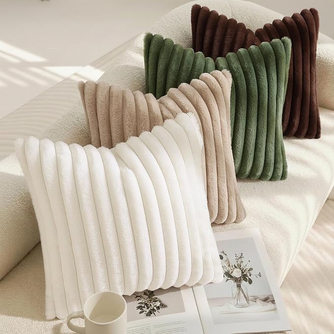 decorUhome Fall Faux Fur Throw Pillow Covers 20x20 Set of 2 Cream White | Decorative Soft Cozy Striped Plush Modern Farmhouse Boho Couch Pillow Cases Velvet Back for Sofa Bed Living Room Home Decor