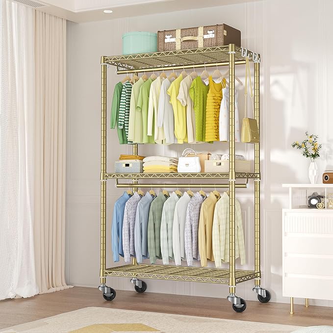 FUTASSI Rolling Clothes Rack, Clothing Racks for Hanging Clothes, Gold | P3 Heavy Duty Garment Rack with Wheels, Freestanding Portable Closet Racks 39.4'' W x 14'' D x 78.5'' H, Max Load 470 LBS