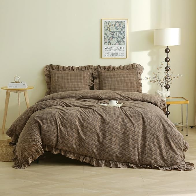 Silnuo Warm Camel Plaid Gingham Ruffle 3-Piece Duvet Cover Set Queen Size | 100% Washed Cotton Shabby Checkered Plaid Bedding Set Farmhouse Comforter Set(Queen,Warm Camel)