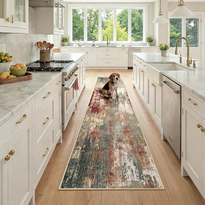RELEANY Washable Runner 2'x9' Abstract Area Rug for Hallway Rustic Brown | Carpet for Kitchen, Entryway, Bathroom, Living Room, Bedroom, Printed Pattern, Non‑Slip, Soft, Stain‑Resistant, Easy to Clean