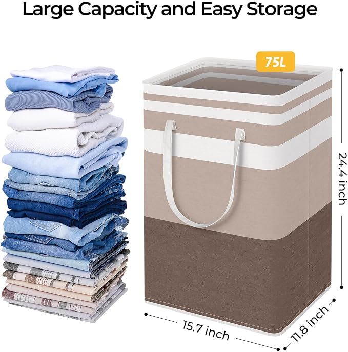 HomeHacks 2 Pack Large Laundry Baskets, Laundry Hampers Bags (Khaki 75Lx2) | Waterproof, Freestanding, Collapsible Clothes Hamper with Reinforced Handles in Laundry Room, Dorm, Bathroom, Bedroom