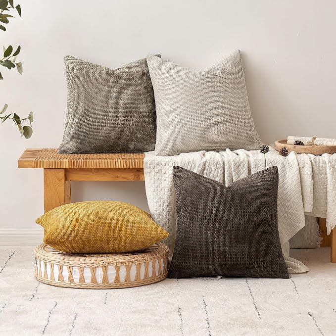 MIULEE Decorative Couch Throw Pillow Covers 22x22 in Mustard Yellow 2 Pack | Modern Boho Accent, Soft Chenille Pillow Covers, Farmhouse Cushion Cases for Home Decor Bed Sofa Living Room