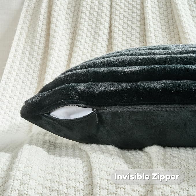 FUTEI Pack of 2 Faux Fur Throw Pillow Covers 16x16 Inch, Black | Fluffy Faux Rabbit Fur Front/Premium Velvet Back,Hidden Zipper,Machine Washable,Non-Shedding,Colorfast,Insert Not Included.