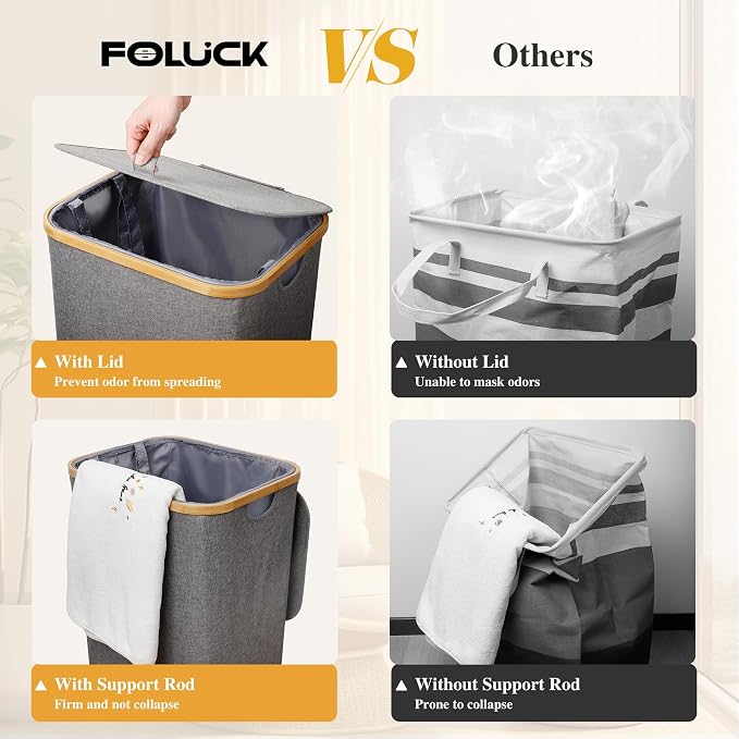 Foluck Large Laundry Hamper, 100L Waterproof Laundry Basket with Lid and Removable Bag, Collapsible Tall Clothes Hamper with Bamboo Handles for Clothes Toys in Dorm Bedroom Bathroom, Grey