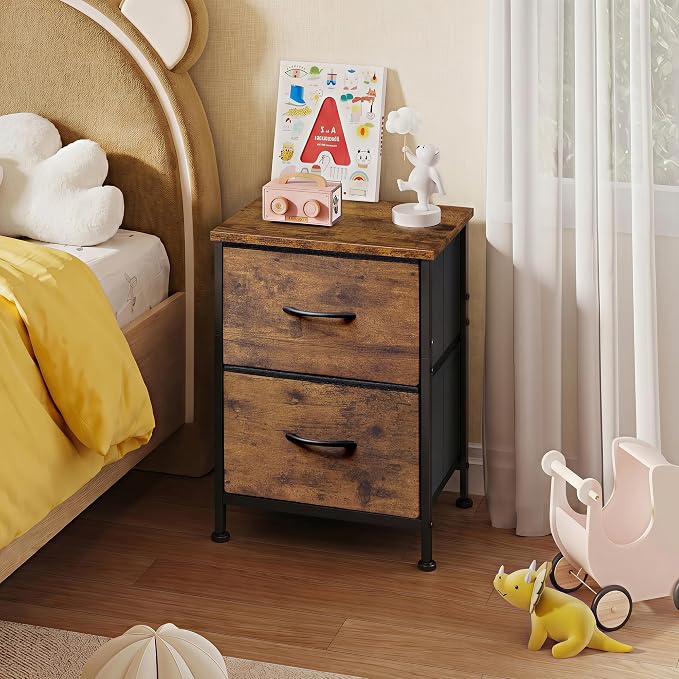 WLIVE Night Stand, Small Dresser with 2 Drawers & Wooden Top, Nightstand with Fabric Bins, Bedside Table End Table for Bedroom, Closet, Entryway, College Dorm, Rustic Brown | Nightstand with Fabric Bins, Bedside Table End Table for Bedroom, Kids Room