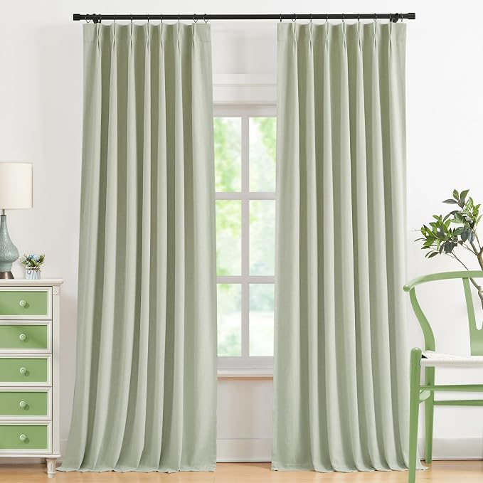 WEST LAKE Pinch Pleated Full Blackout Curtain Panels 108 Inches Long | Soft Green Linen Blended Drapes for Bedroom Living Room,Contemporary Window Treatment,Back Tabs,40"Wx108"Lx2