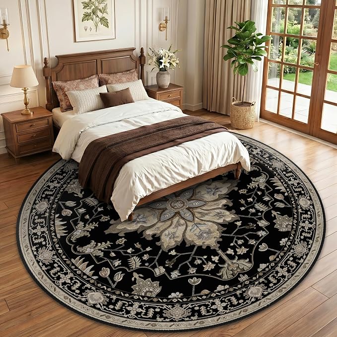 RELEANY Washable Area Rug, Round 10ft, Black/Neutral | Non-Slip, Water Repellent, Pet Friendly, Easy to Clean, Vintage Floral Boho Decor for Living Room Bedroom Dining Room