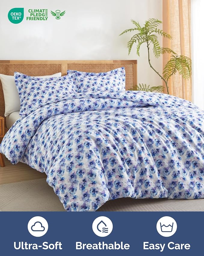 Duvet Cover King Size - Floral Duvet Cover - 3 Piece - Blue Hydrangea | Soft Floral Duvet Cover 104 x 90 with 2 Pillow Shams, Zipper Closures & Ties, Floral Bedding for Women, Men, Kids & Teens