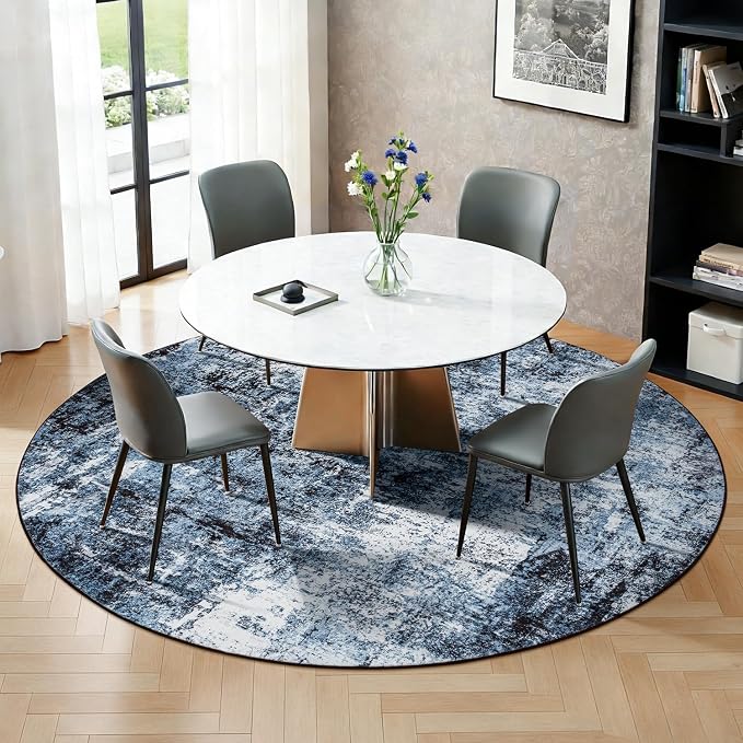 Rugflix Round Area Rugs 6Ft for Living Room, Washable Navy Blue Circle Rug | Machine Washable; Stain-Resistant; Low Pile; Non-Slip; Modern Abstract; Black Carpet for Bedroom Dining Office Nursery Home