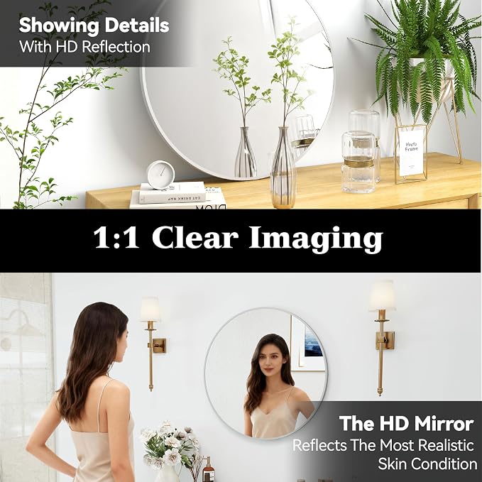 SCWF-GZ 24" Round Mirror Circle Wall Mounted Hanging/Against Wall Silver | HD Crystal Clear No distortion Tempered Glass,Aluminum Frame,Make-Up Mirrors for Bedroom,Entryway,Bathroom,Living Room