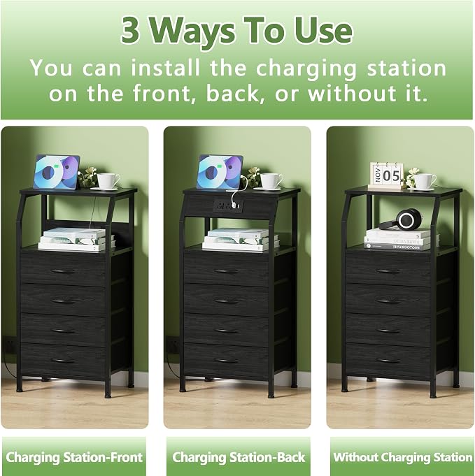 Furnulem Tall Night Stand with Charging Station, 4 Drawers Bedside Table | Small Black Dresser, 33.3 Inch Tall Dorm Nightstand, Fabric Drawers, Storage Tower for Closet, Bedroom, 3 Ways to Use