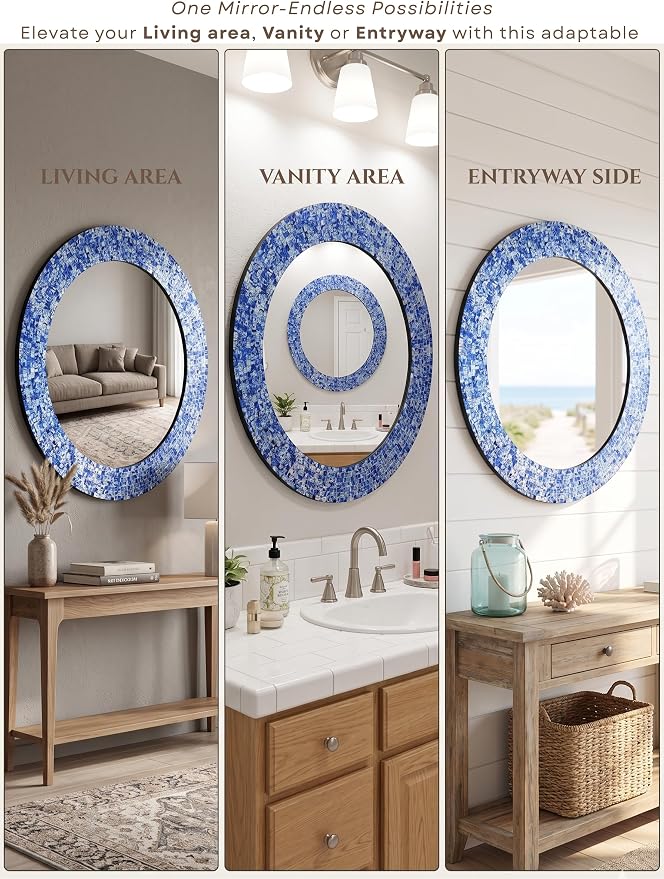 24" Round Mosaic Wall Mirror Sapphire Blue & Silver Glass Tile Frame Handmade Decorative Accent Mirror for Living Room Bathroom Bedroom Entryway Boho Modern Wall Decor