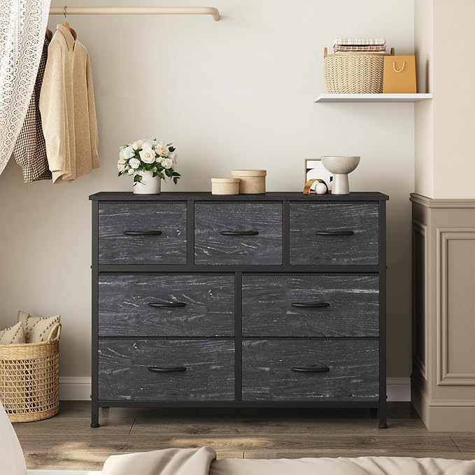 Sweetcrispy 7 Drawer Dresser for Bedroom Storage with Fabric Bins | Anti-Tip Closet Organizer, Wooden Top, Steel Frame, Spacious Drawer for Clothes Storage, Hallway Entryway, Black Wood Grain