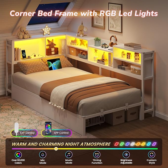 DICTAC Corner Bed Frame Twin XL with 2 Storage Drawers and Bookcase Headboard, Twin XL Corner Platform Bed with Led Lights and Charging Station,Metal Daybed with Storage for Kids,Teens & Guests,White