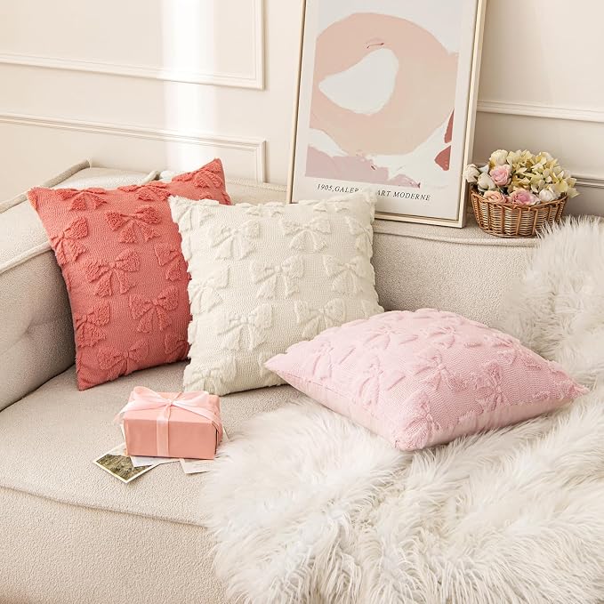 MIULEE Coral Red Bow Pillow Covers Coquette Room Decor 20x20 | Aesthetic Decorative Cute Girl,Set of 2 Cushion Covers,Soft Plush Faux Pillowcases,Preppy Room Decor Bedroom Couch