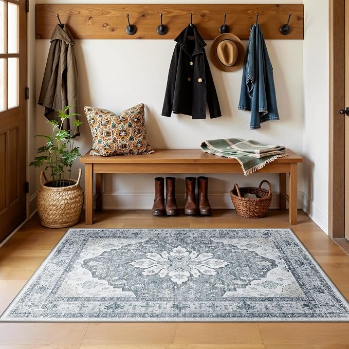 RELEANY Washable Area Rug, 3'x5', Grey/White/Beige | Non-Slip, Water Repellent, Pet Friendly, Easy to Clean, Vintage Floral Boho Decor for Living Room Bedroom Beside Kitchen