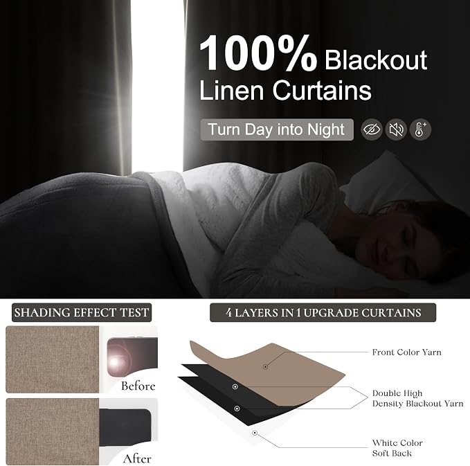 Dark Flax 100% Blackout Linen 60 Inch Extra Wide Bedoom Large Curtain 84 Inches Long 2 Panels Set, Pleated 7FT Heavy Winter Country Bedroom Curtains Boho Drapes Hook Belt Thermal Insulated 60"Wx84"L