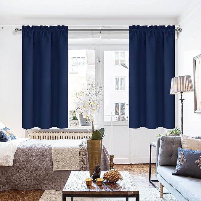 DWCN Blackout Curtains for Bedroom 42 x 45 Inch Long Navy Blue 2 Panels | Room Darkening, Thermal Insulated, Light Blocking, Rod Pocket Drapes, Noise Reducing Window Treatments