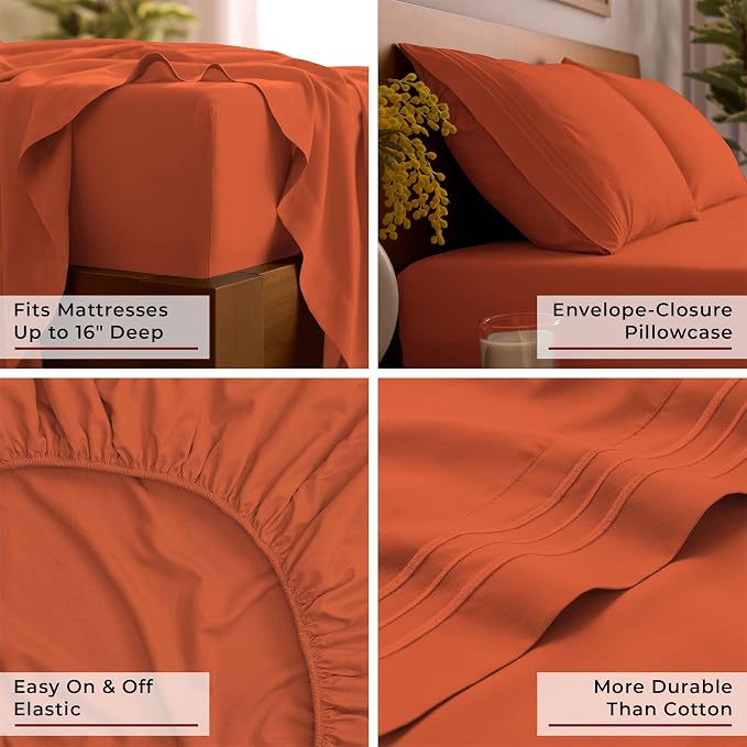 Mellanni Iconic 4-Piece, Ultra Soft Sheet Set (Queen, Poppy Orange) | 10M+ Sleepers. Lab-tested: Sleeps Cool, Stays Bright, Strong, Smooth. Good Housekeeping Best Bedding, 7 yrs running.