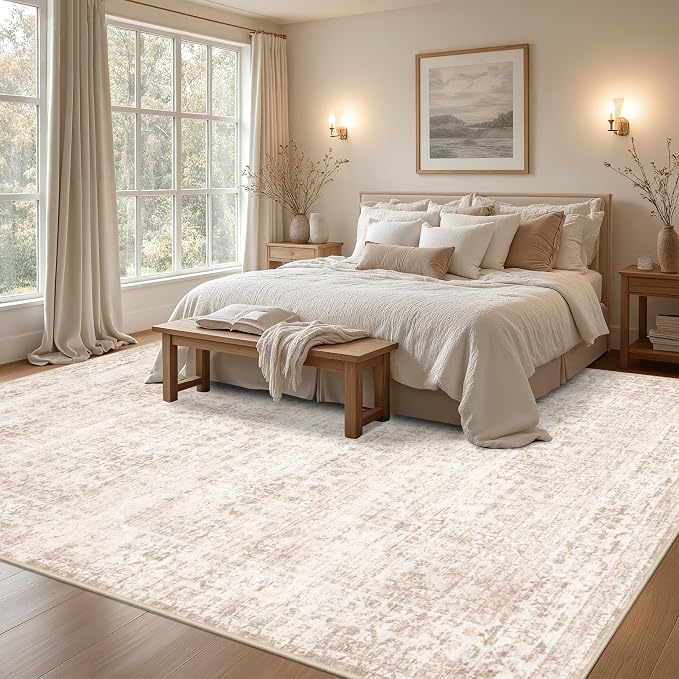 8x10 Area Rugs Living Room: Washable Rug for Bedroom Beige Brown | Boho No Slip Stain Resistant Rug Soft Indoor Decor Floor Floral Area Rugs for Dining Room, Nursery, Hallway, Home Office