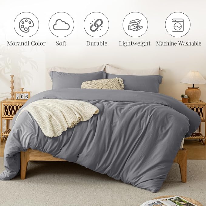 MILDLY Duvet Cover Queen Ultra Soft Comforter Cover Set 3pcs, Dark Grey | Washed Microfiber Cotton-Like, Breathable Comfort, Hidden Zipper, Corner Ties, OEKO-TEX Certified, Fade Resistant